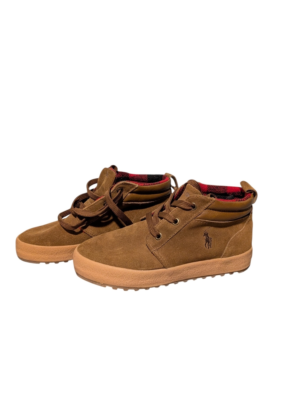 Polo by Ralph Lauren Kids Brown Suede Lace-Up Boots with Red Plaid Lining